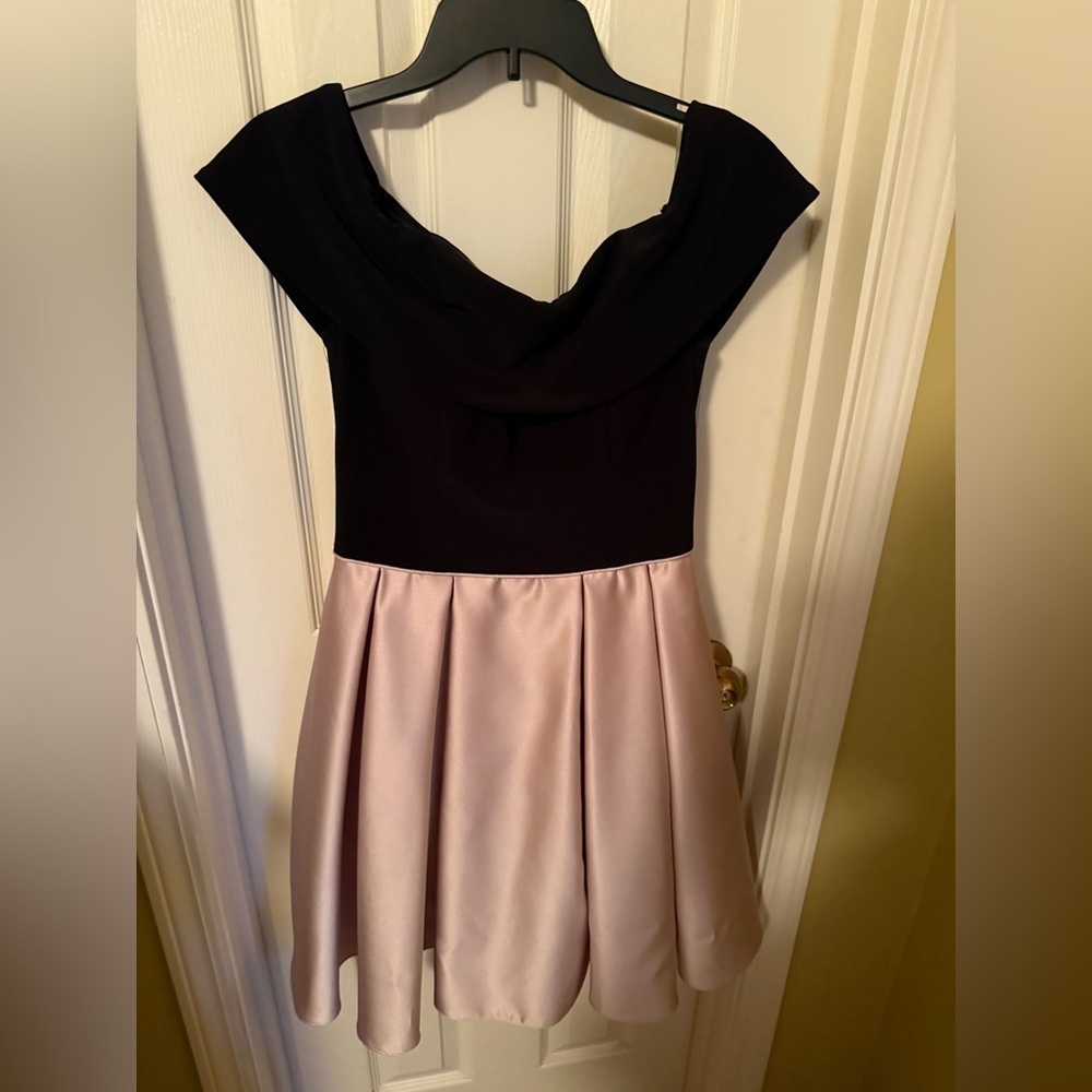 Elegant Black and Pink Off-Shoulder Besty Adam Homecoming Dress